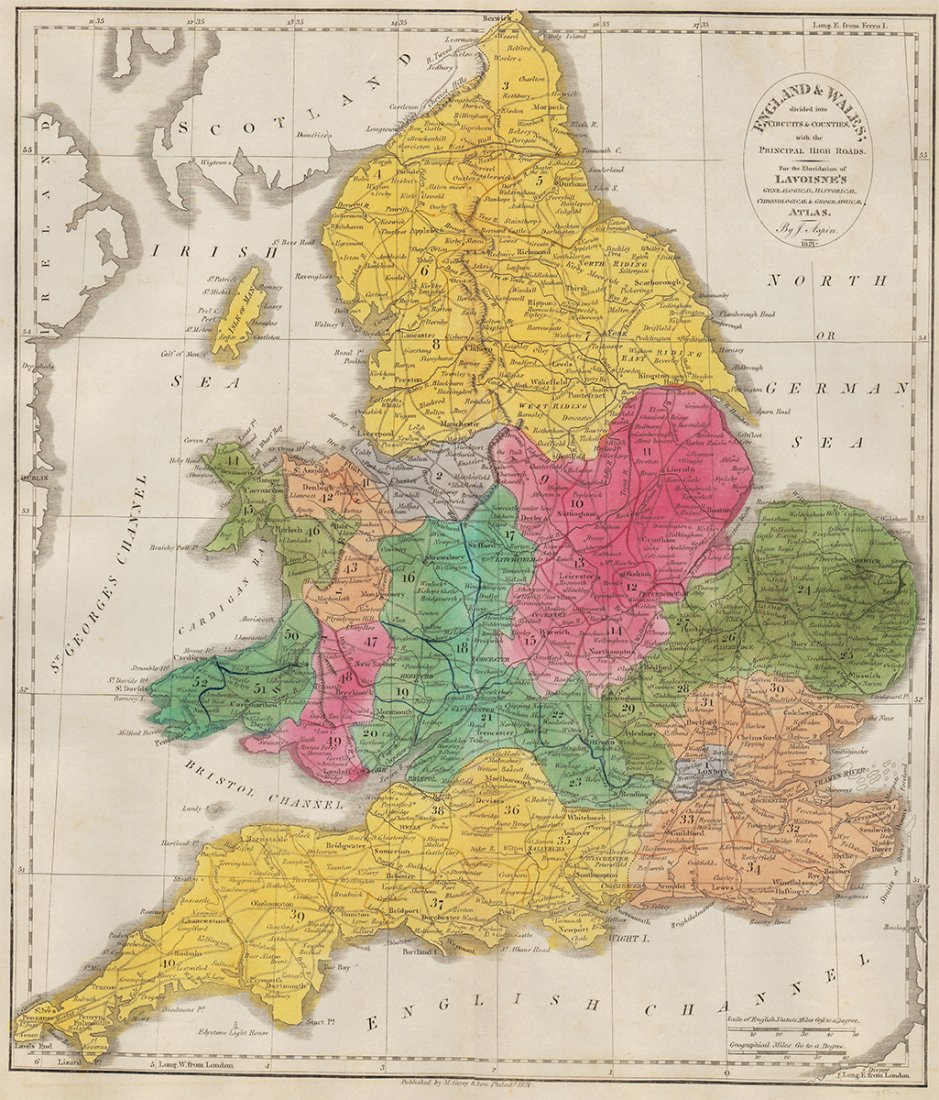 1821 Carey & Lea Map of England: 1821 Carey & Lea map of England. Full original hand coloring. Geographical and Statistical Map of England (Cartouche: England & Wales divided into Circuits & Counties with the Principal High Roads). F