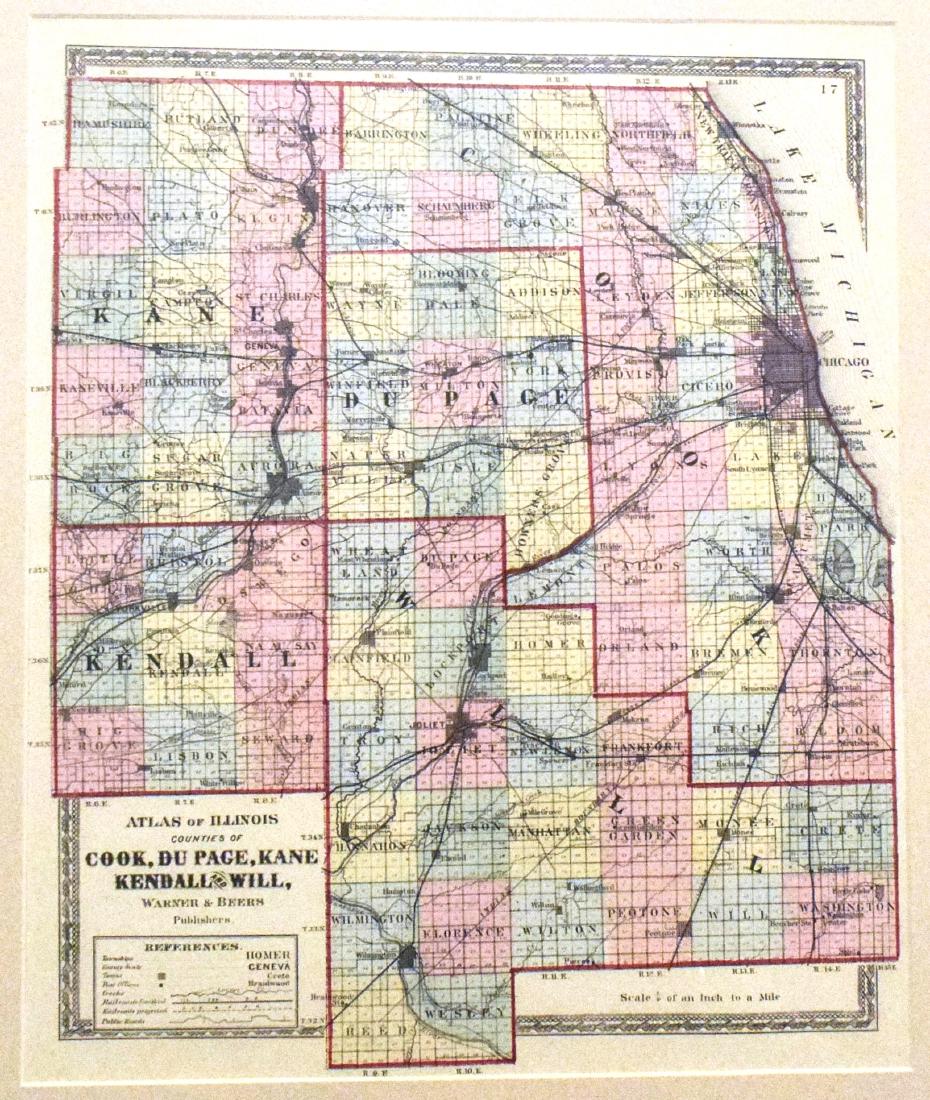 1875 Map Cook, duPage, Kane, Kendall and Will Counties: 1875 Map Cook, duPage, Kane, Kendall and Will Counties - Atlas of Illinois Counties of Cook, duPage, Kane, Kendall and Will Counties Warner & Beers 1875 Chicago 20 x 23 in. Handsome map of the greater