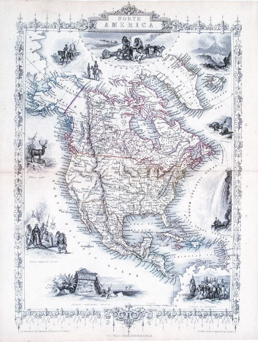 1851 Tallis North America Antique Map: 1851 Tallis North America Antique Map J. Tallis 1851 London 14 x 9.5 in. This is a decorative and striking steel engraved map of North America, featuring Texas with an enlarged panhandle that extends