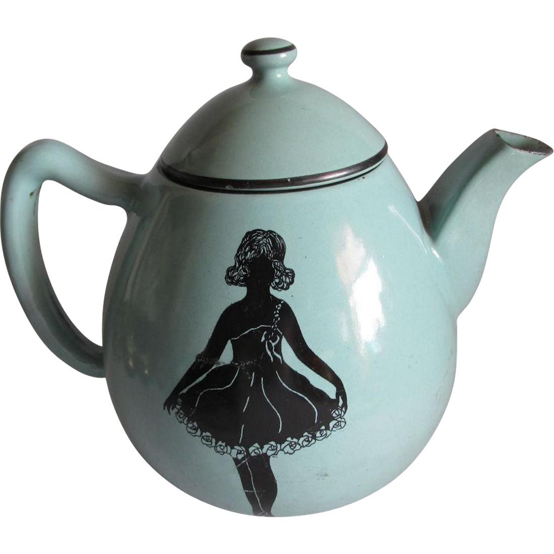 C 1920s Art Deco Agateware Teapot with Lady Silhouettes (1 of 5)