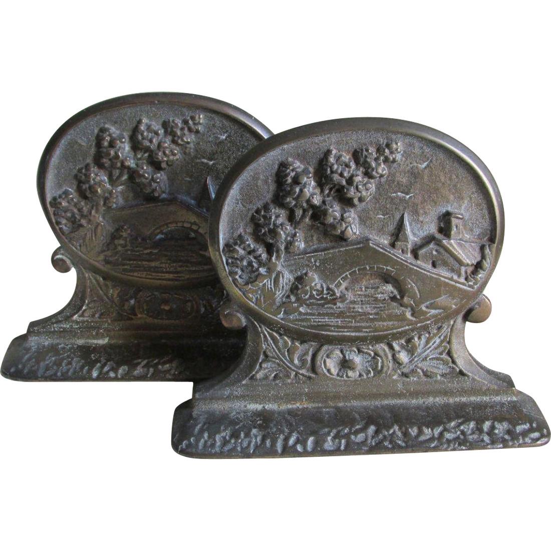 Art Deco Bookends with Village Motif, Cast Iron (1 of 4)