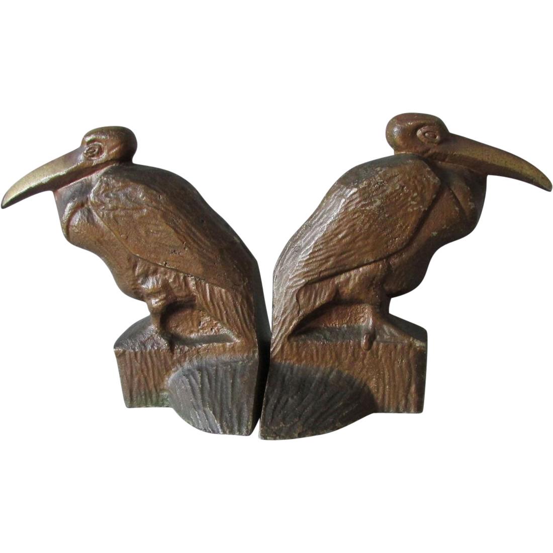 C 1920s Art Deco Cast Iron Pelican Bird Bookends (1 of 4)