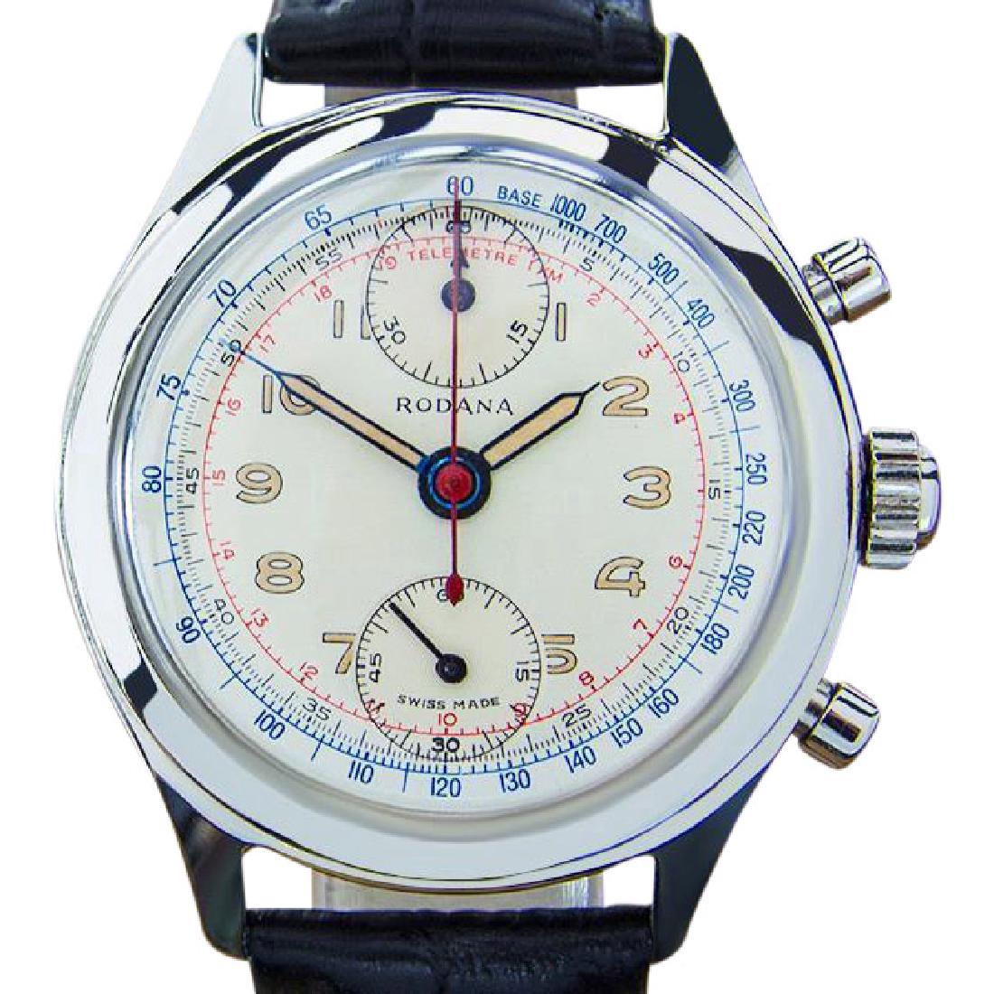 RODANA | Rare Chronograph Venus 170 | 1950s: Watch: Very Rare Swiss Made Rodana Chronograph Venus 170 Movement Circa 1950s Brand: Rodana Rare Chronograph Venus 170 Movement: Mechanical (Hand-winding) Case Size: 43mm x 36mm x 12mm Gender: Men's Y