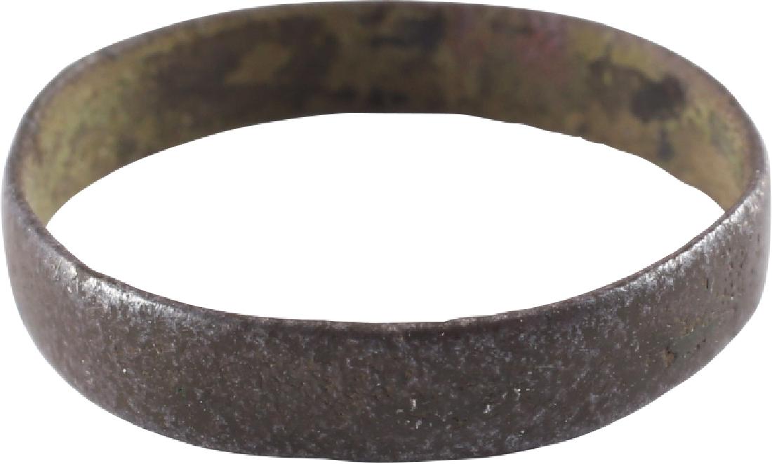 Viking Woman’s Wedding Ring: Bronze. 10th century. Size 6 3/4 Near flat face band. Vikings exchanged rings on the pommel of the groom’s sword. All items purchased are accompanied by a signed and dated Certificate of Authenticit