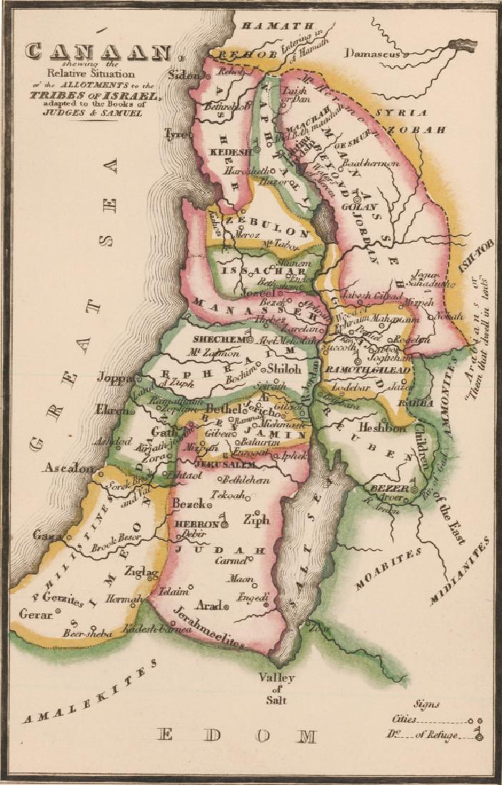 Canaan Map The Bible Atlas: Map: Canaan. The Bible Atlas. Palmer, Richard. The Bible Atlas. This plate: Canaan. New York, 1836. Original lithograph with hand coloring. Sheet size: 8 1/4 x 5 in. Please note that this lot has a co