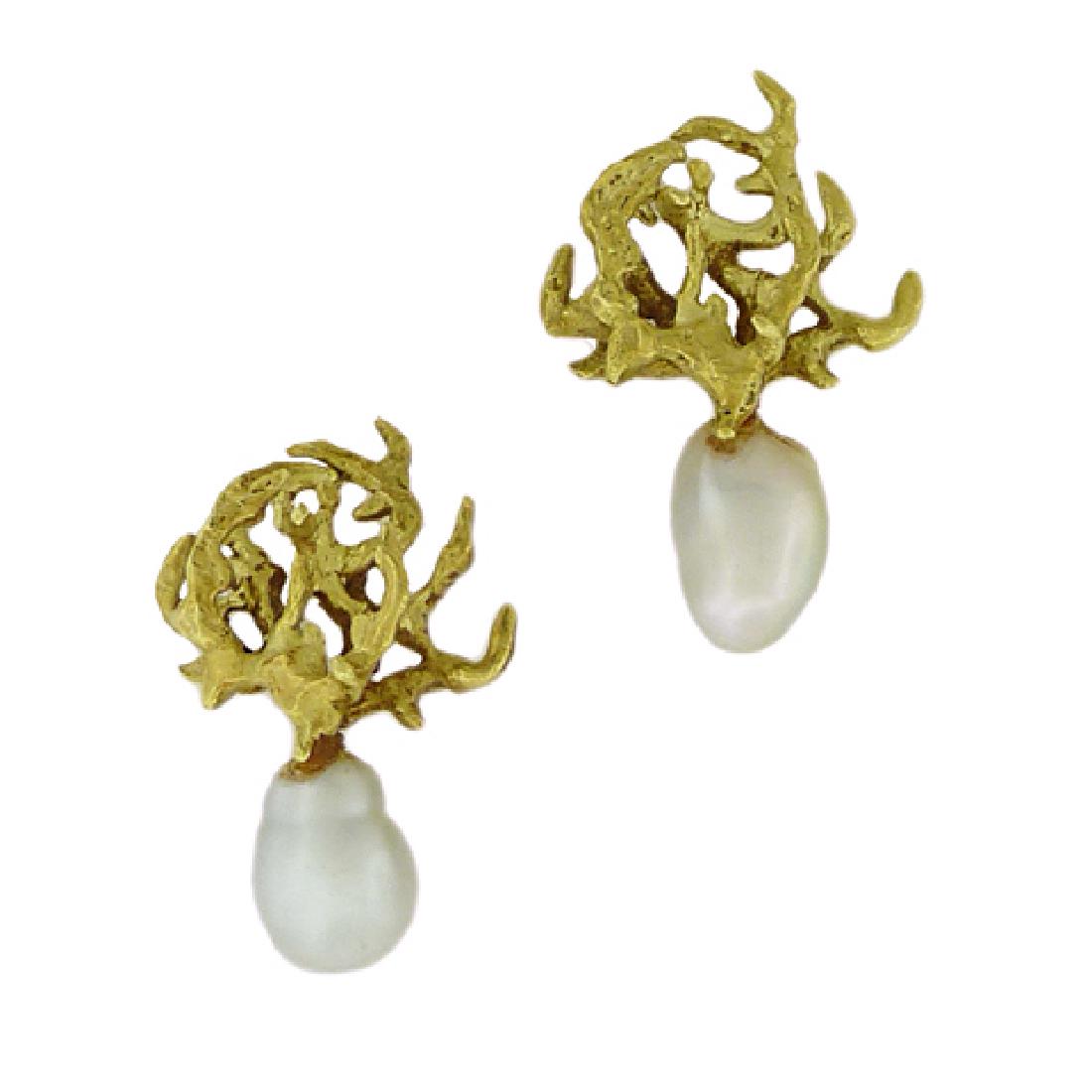 Ed Wiener 18K Gold Pearl Coral Branch Earrings: Ed Wiener 18K Gold Pearl Coral Branch Earrings. 18K yellow gold textured pierced earrings, attributed to Ed Wiener but not hallmarked, are in his characteristic openwork organic style, circa 1980's, a
