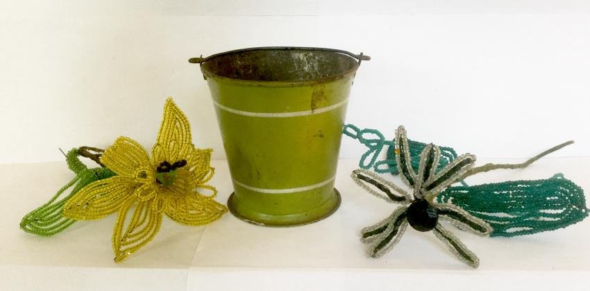 Painted Tin Candy Pail with Glass Beaded Flowers (1 of 5)