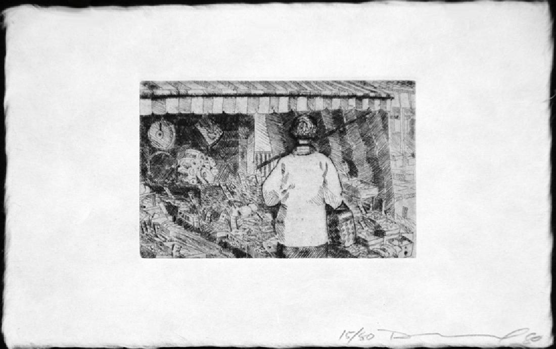 Daniel Kelly: At the Market: Artist: Daniel Kelly Title: At the Market Dimensions: 6 x 10 inch paper Signature & Seals: pencil signed, dated and numbered Medium: Etching on washi paper with deckled edge Edition: 50 1980 Please no