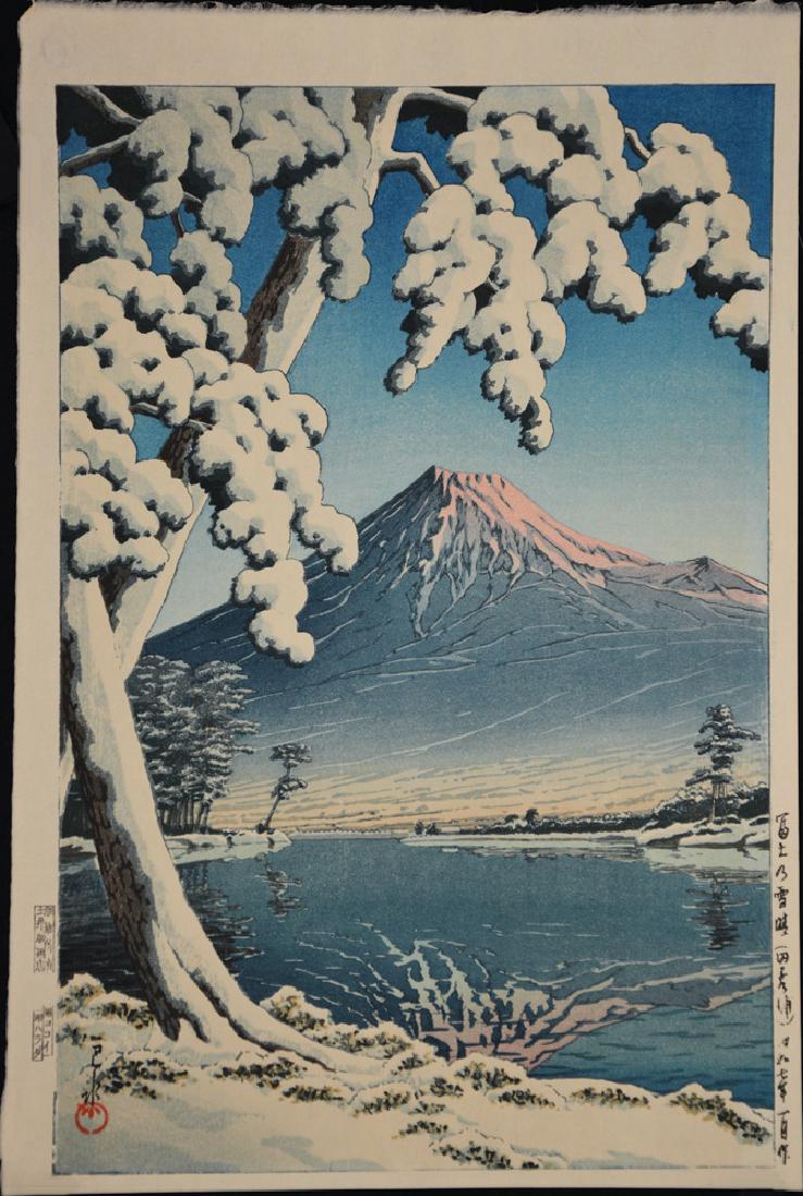 Kawase Hasui: Clearing After Snowfall Mt Fuji: Artist: Kawase Hasui Title: Clearing After Snowfall Mt Fuji, Taganoura Beach Dimensions: 15.5 x 10.5 inches Signature & Seals: Brushed red "sui" seal and signature Medium: Japanese Woodblock Print Yea