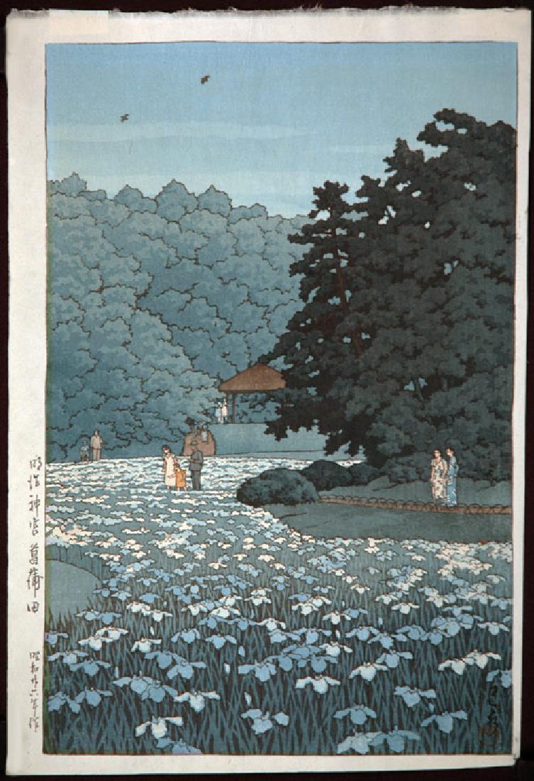 Kawase Hasui: Iris Garden, Meiji Shrine: Artist: Kawase Hasui Title: Iris Garden, Meiji Shrine Narazaki Catalog No. 542; Hotei Catalog No. 570 Dimensions: 15 x 10 inch paper Signature & Seals: red Kawsase seal, signed Hasui. no publisher"s s