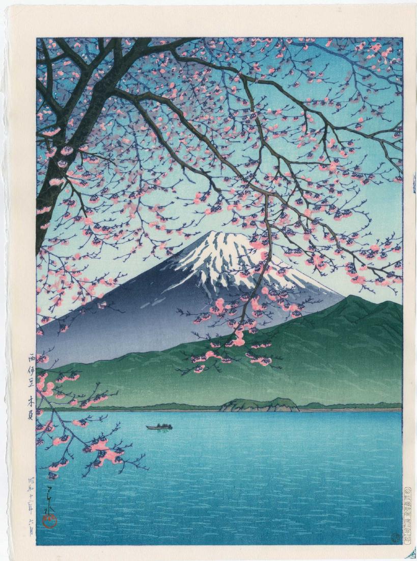 Kawase Hasui: Mt. Fuji from Kishio, West Izu: Artist: Kawase Hasui Mt. Fuji from Kishio, West Izu 1937, later edition published by Watanabe from partially recarved blocks 12.3 x 16.8 inches Medium: Japanese Woodblock Print Please note that this l