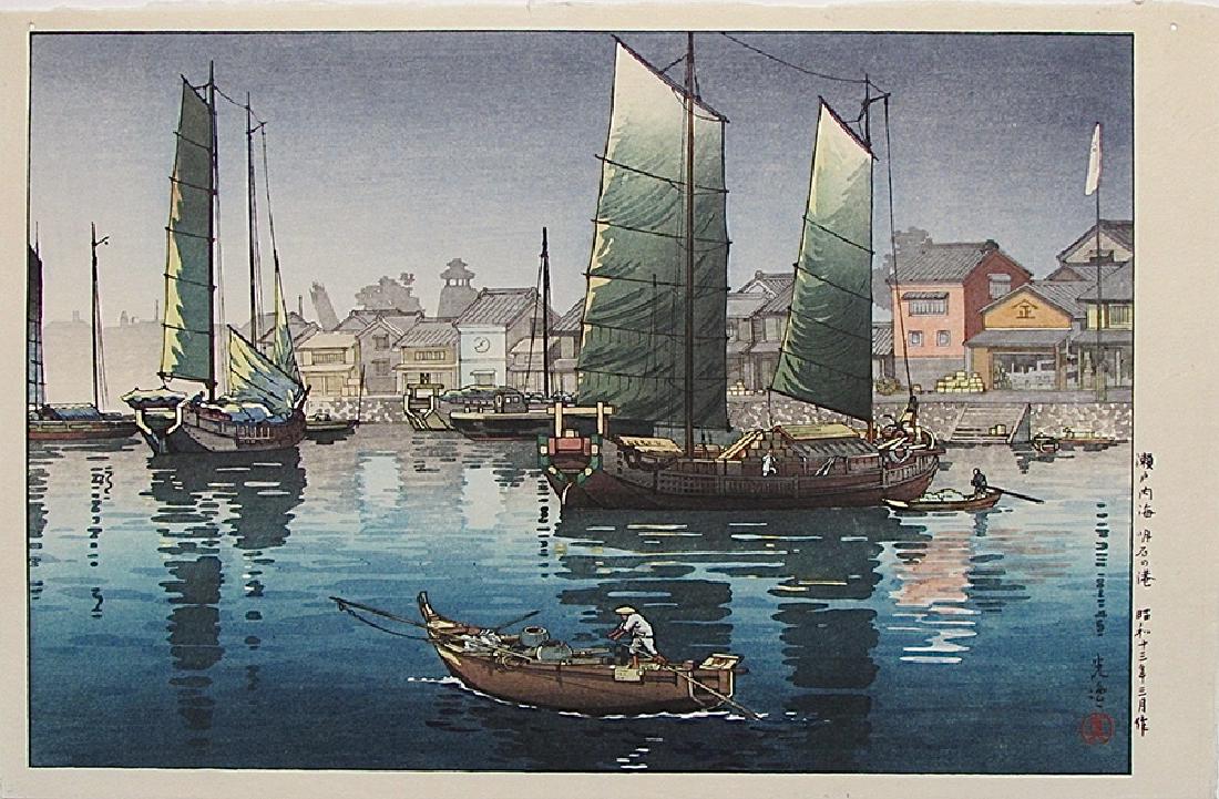 Tsuchiya Koitsu: Akashi Bay, Inland Sea at Steo: Artist: Tsuchiya Koitsu Subject: Akashi Bay, Inland Sea at Steo Publisher: Doi, no publisher's marks Signature: Koitsu Date: 1938 Format: dai oban, 19.8 x 43.5 cm Medium: Japanese Woodblock Print Plea