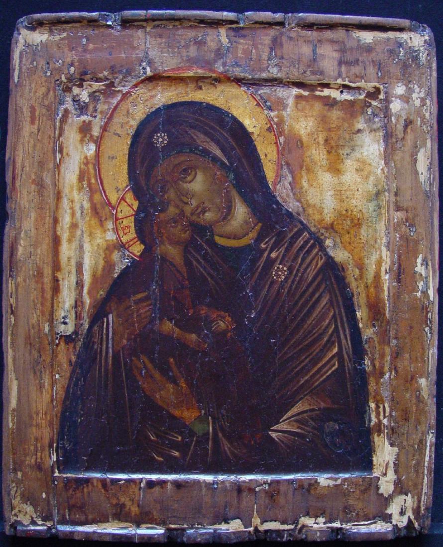 Mother of God Donskaya Russian Icon, 1600: The Donskaya icon of the Mother of God, around 1600, Russia, tempera on wooden board, size 27.5 x 22.5 cm Please note that this lot has a confidential reserve. When you leave a bid in advance of the a