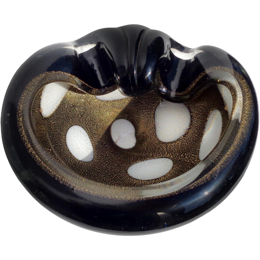 Barbini Black Gold White Spots Art Glass Ashtray (1 of 4)