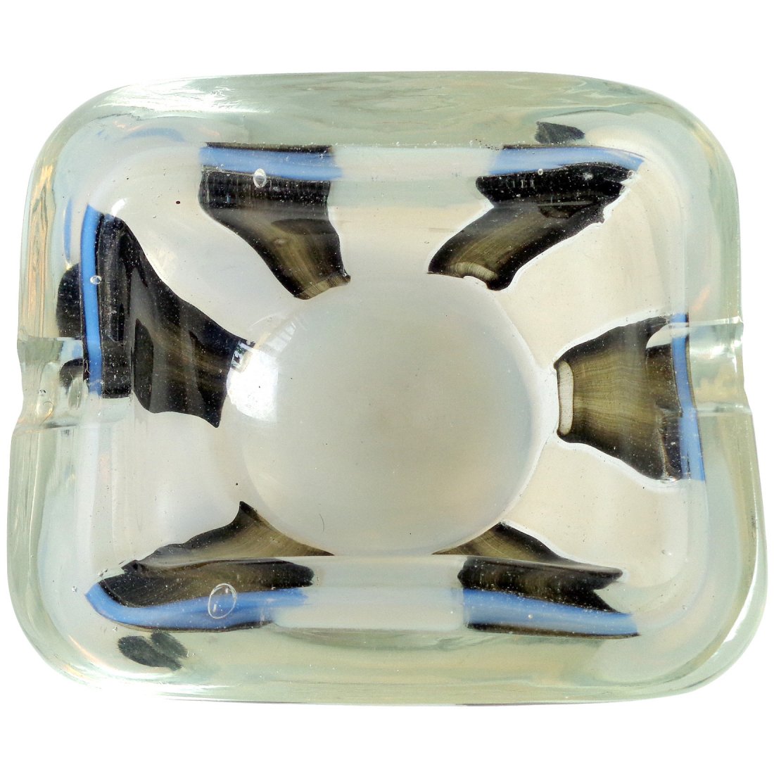 Barovier Toso Murano Opal Pezzato Art Glass Ashtray: Murano opalescent and black art glass bowl ashtray. Documented to Ercole Barovier, for Barovier and Toso, in the "Tessere" or "Pezzato" design. The piece has a flat cut rim, and 2 indents on the rim. 