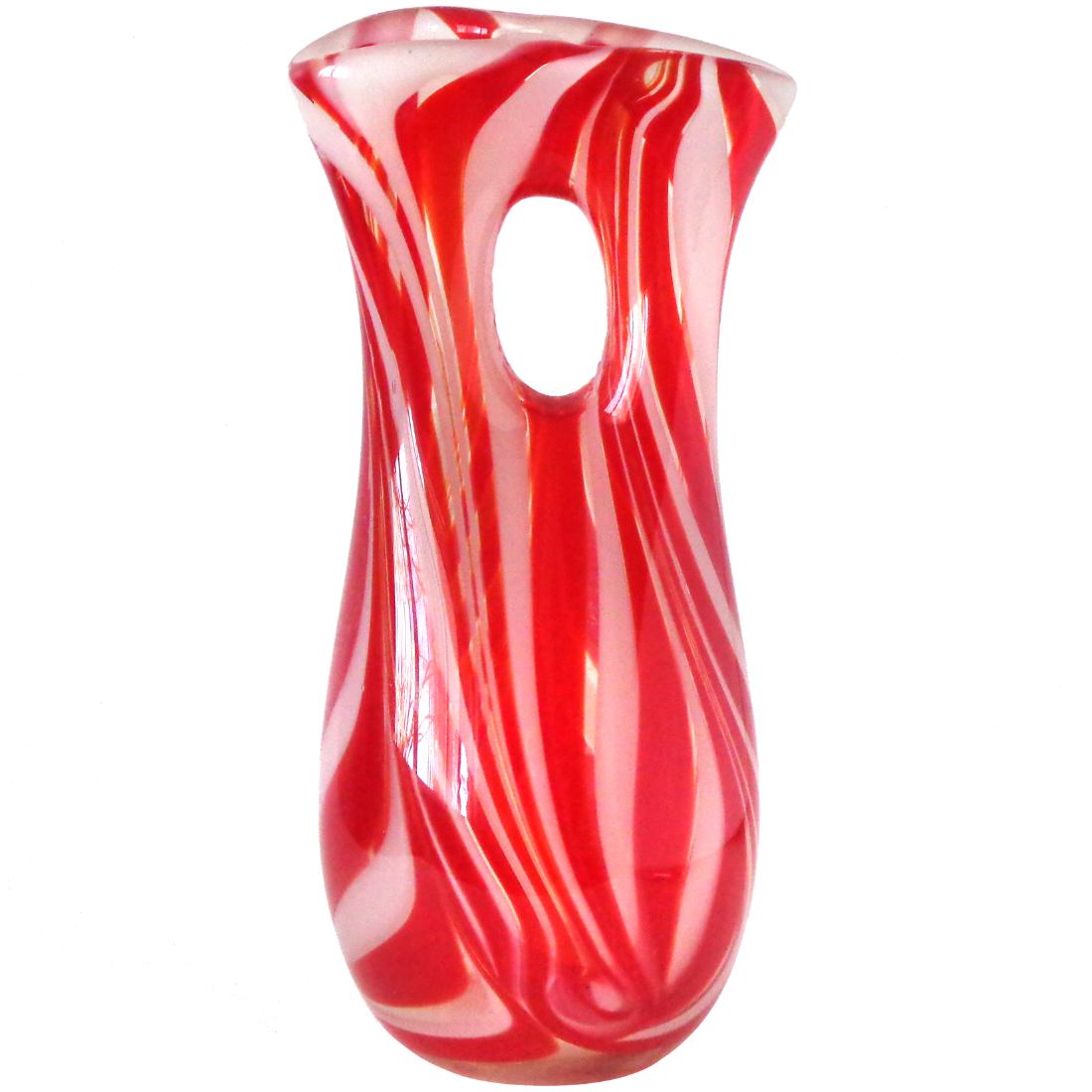Murano Candy Cane Forato Art Glass Flower Vase: Murano red and white candy cane swirl, double opening art glass flower vase. Done in the AVEM style with Forato (hole) design. Measures 9 1/4" tall. Please note that this lot has a confidential reserv