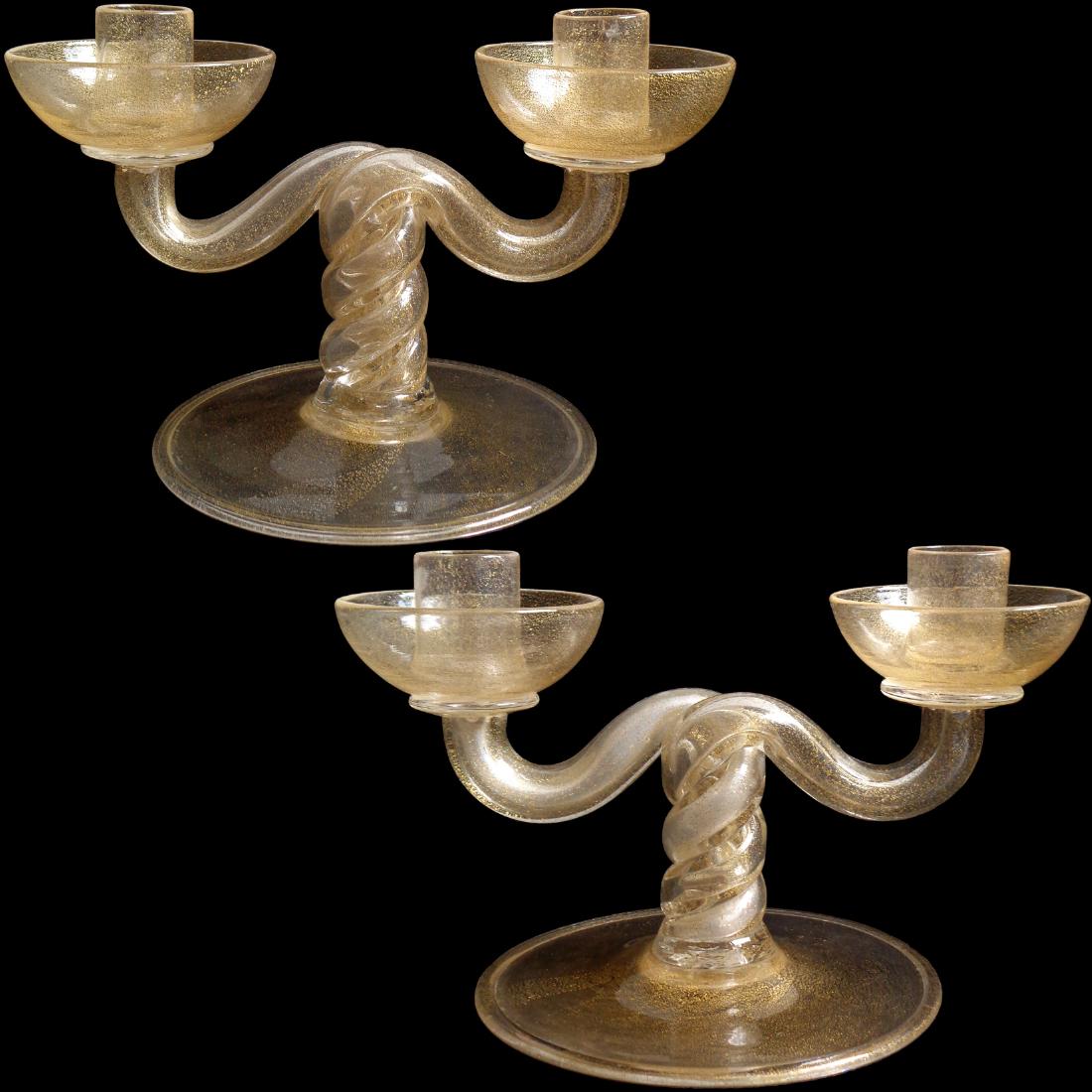 Murano Gold Flecks Italian Art Glass Candleholders (1 of 4)