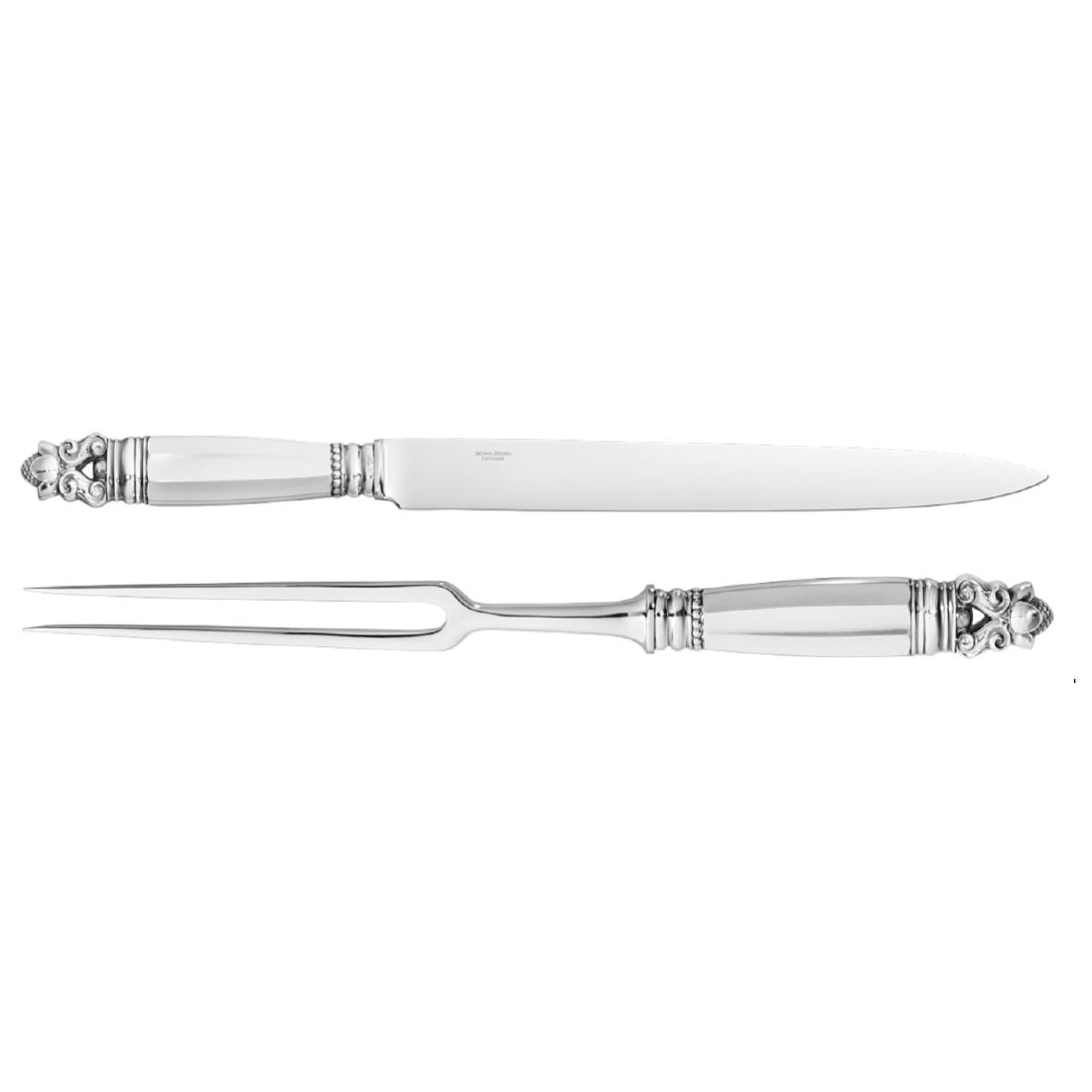 Georg Jensen Sterling Silver Acorn Large Carving Set: Georg Jensen, Acorn pattern, large, 2 piece carving set. Knife 13.5" long, fork 12.5" long. Sterling handle with stainless blades. The Acorn pattern was designed by Johan Rohde in 1915 for Jensen. Bef