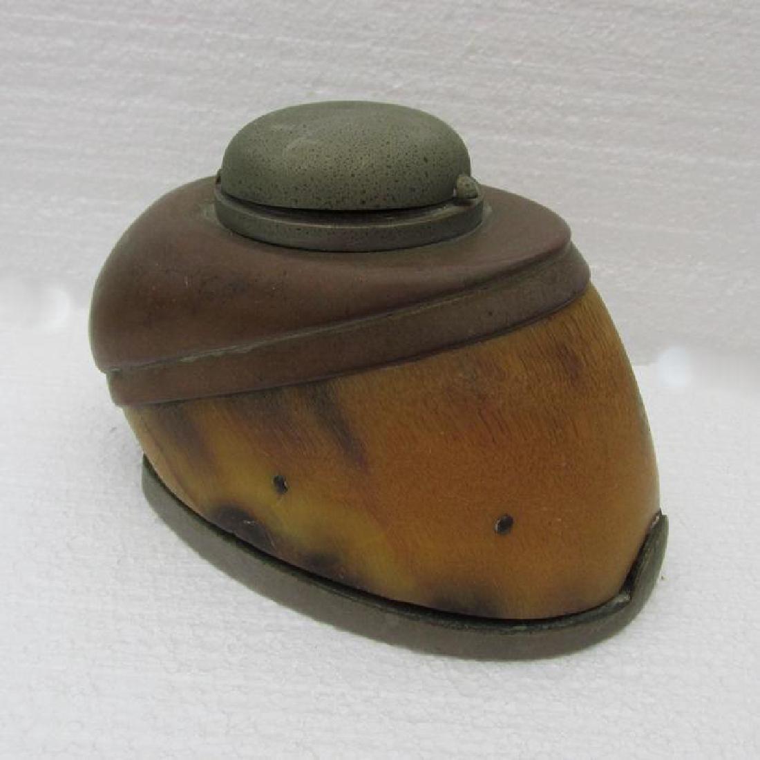 Rare Antique Horse Hoof Inkwell, Victorian Taxidermy: Antique Horse Hoof Inkwell. The Inkwell is a real taxidermy Horse Hoof and features bronze/copper, nickel plated mounts including a Horse Shoe. Overall dimensions are 5 1/4" x 3 5/8" x 3 1/4" high. Pl