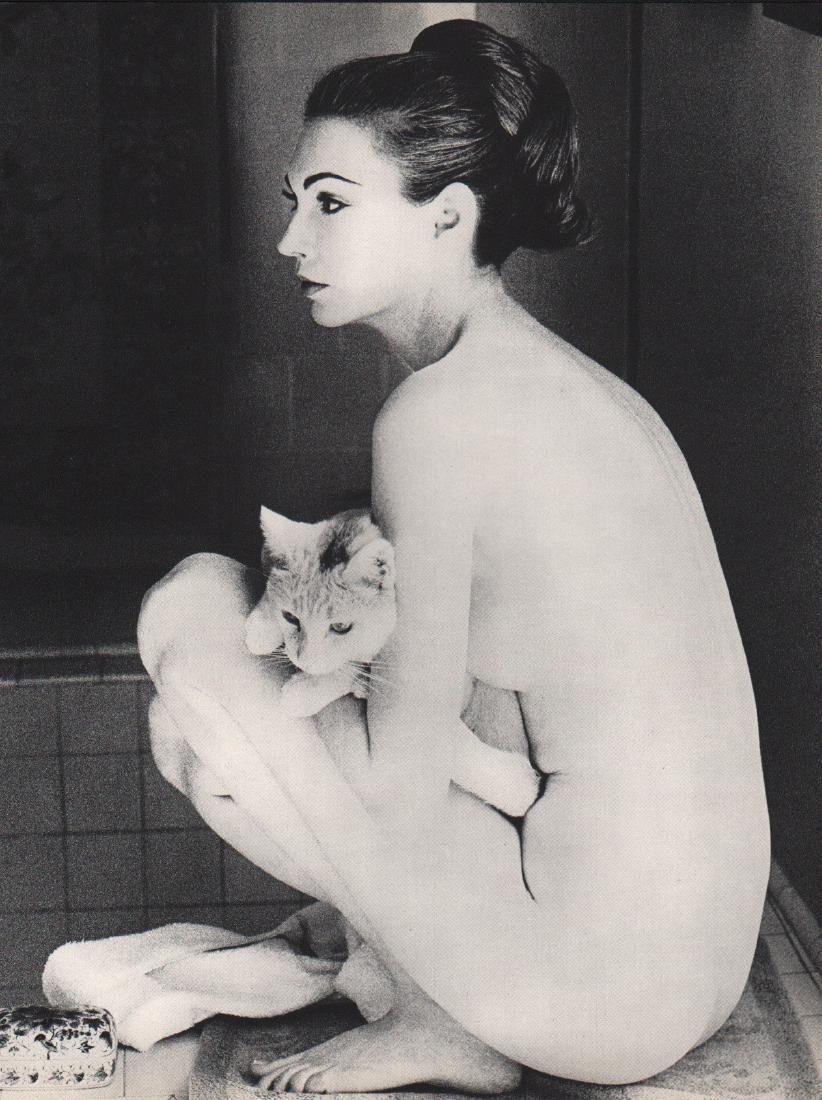 JOHN RAWLINGS - Nude with Kitten: Artist: JOHN RAWLINGS Print Title: Nude with Kitten Printing Date: 1966 Medium: Sheet-fed Gravure Printer: Bucher, Switzerland Image Size Approx. 8" X 11" John Rawlings (1912-1970) was a Conde Nast Pu