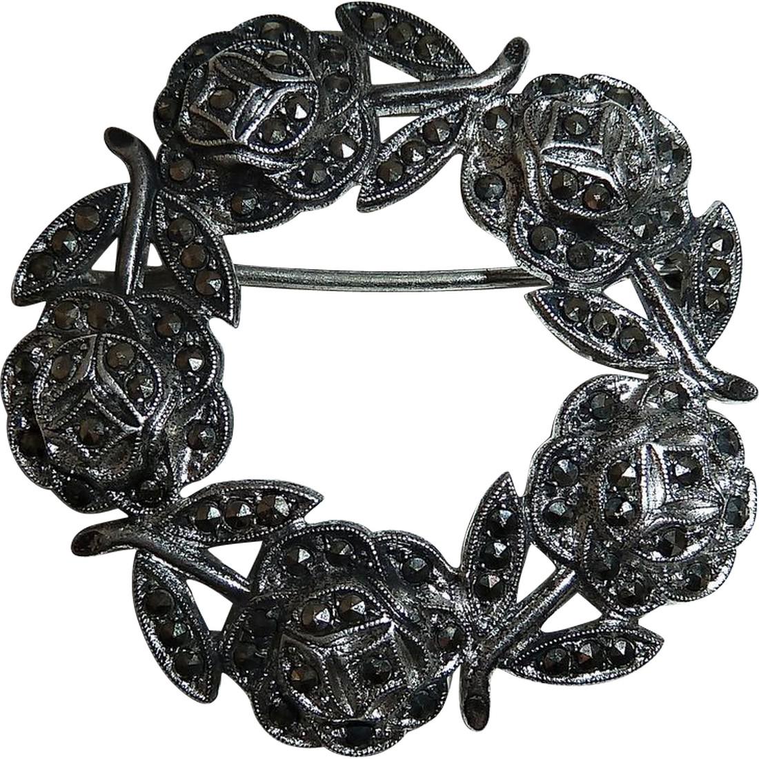 Vintage Circle of Roses Sterling & Marcasite Pin (1 of 3)