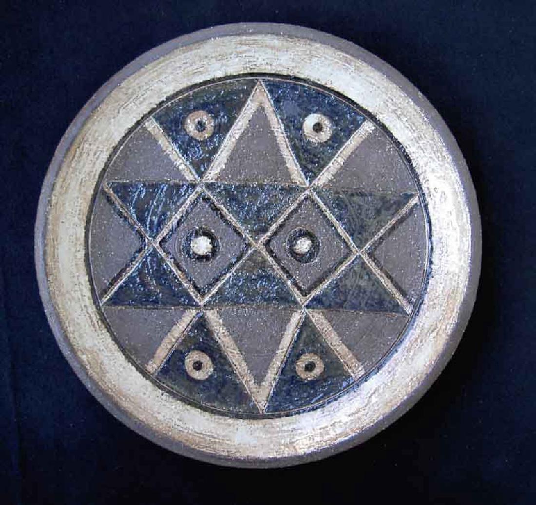 Swedish Stoneware Dish By Inger Persson: Large stoneware dish or bowl by Inger Persson for Swedish Rorstrand. Geometrical star-like pattern and scarce glaze in earth colours. IP worked for Rörstrand between 1959 and 1971 and again in the 19