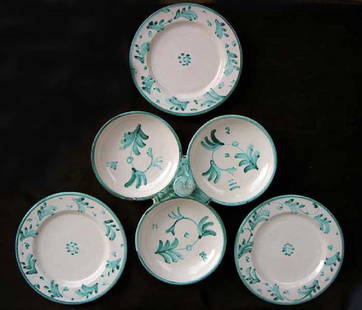 Danish Axel Bruel Majolica Ensemble: Triple relish ensemble by Axel Bruel (1900 - 1977), consisting of a trefoil-shaped centre piece with knob handle, and three plates. Decoration of vigorously painted flower sprigs in green over White,