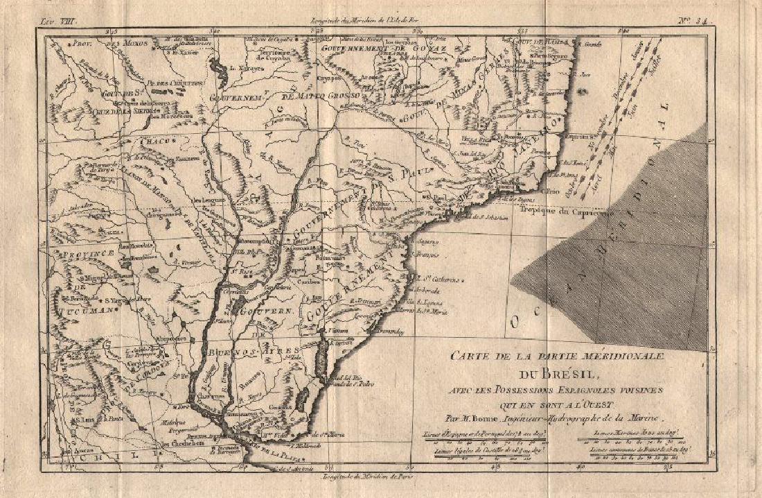Bonne: Partie méridionale Du Bresil Map, 1780: Map Title: 'Carte De La Partie Méridionale Du Bresil, Avec Les Possessions Espagnoles voisines qui en sont a l'Ouest' A map of part of South America including the River Plate basin, the southern stat