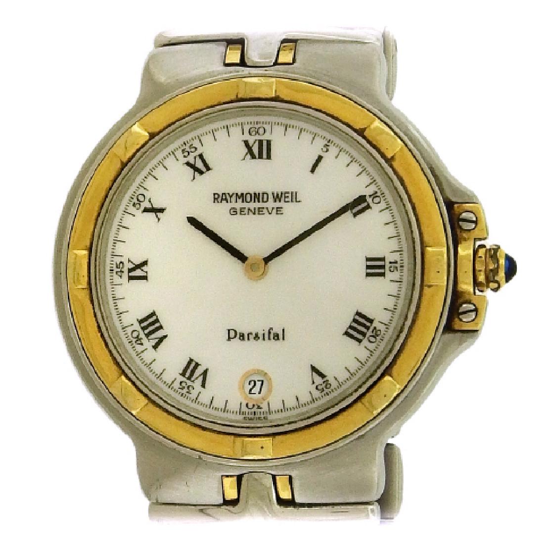 RAYMOND WEIL | Parsifal Date | 2000: Two-tone easy case Raymond Weil Parsifal, circa 2000, is an easy maintenance quartz date wristwatch. The 34mm case has a screwed-down case back, 18K gold bezel and crown guard, white procelain dial wi