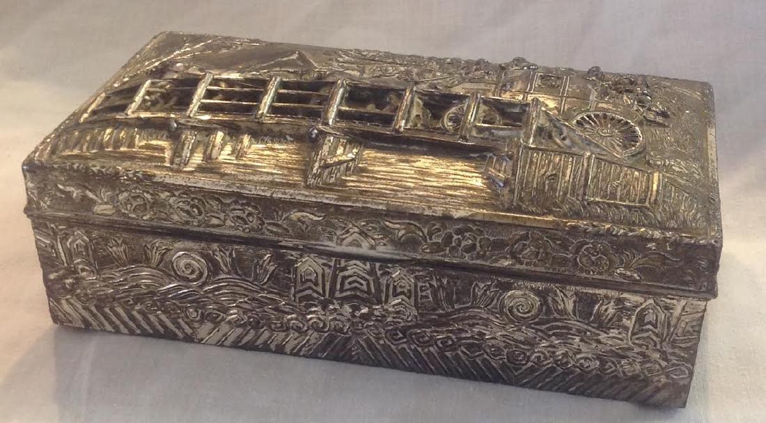 Vintage Japanese Silver Plated Jewelry Trinket Box: Vintage silver plated detailed made in Japan jewelry/ trinket box with wooden interior. Measurement approximate: 6” x 3.25”. No Reserve: This lot starts at $1 and has no reserve as a courtesy so 