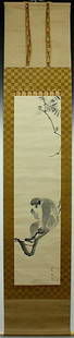 Matsumura Keibun: Painting Mounted as a Scroll: Artist: Matsumura Keibun (1779-1843)Subject: MonkeySignature: Keibun with artist’s sealDate: Early 19th centuryFormat: Painting on paper mounted as a scroll: 78.4” x 15.6” overall dimensions 