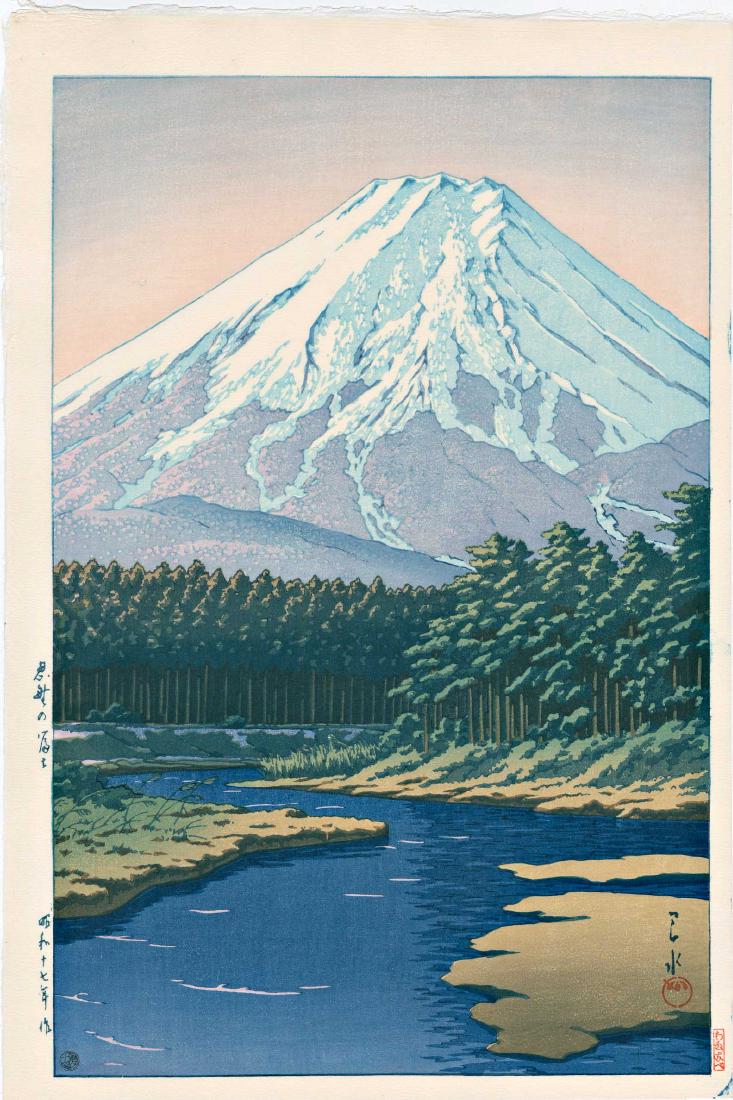 Kawase Hasui: Mt. Fuji From Oshino Hakkai: Artist: Kawase Hasui Mt. Fuji from Oshino Hakkai 1942, published by Watanabe, this is a posthumous edition printed from the first edition blocks 10.6 x 15.5 inches Medium: Japanese Woodblock Print Ple