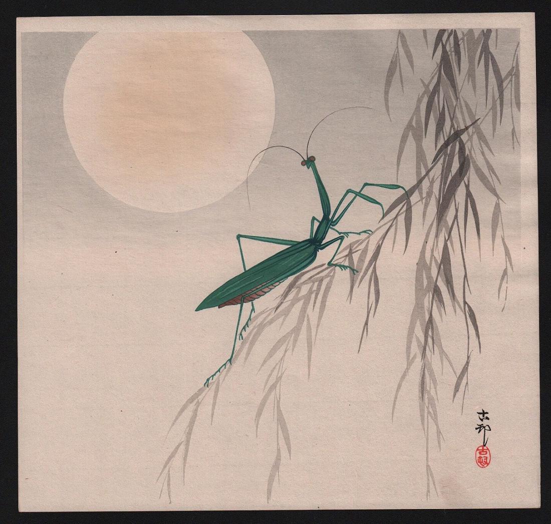 Ohara Koson: Praying Mantis & Full Moon: Artist: Ohara Koson Subject: Praying Mantis & full moon Date: c.1930's Size: Measures: 9.25 x 10.25 inches Medium: Japanese Woodblock Print Please note that this lot has a confidential reserve. When y