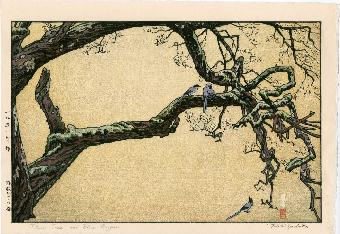 Yoshida Toshi: Plum Tree And Magpies: Artist: Yoshida Toshi Plum Tree and Magpies 1951, later embossed signature edition published by Yoshida Studio 16 x 11 inches Medium: Japanese Woodblock Print No Reserve: This lot starts at $1 and has