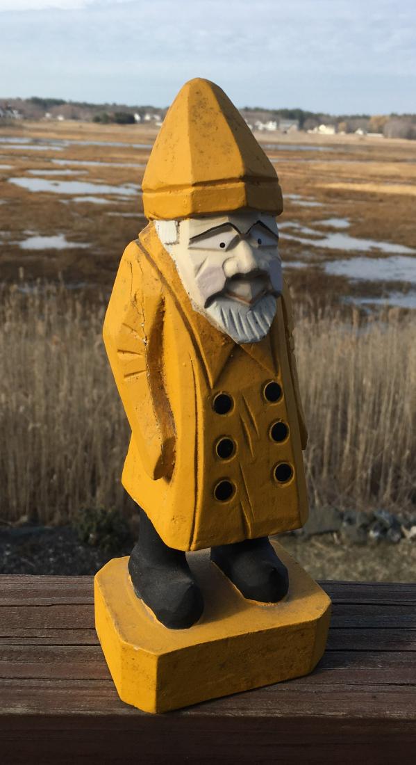 Sailor With Yellow Slicker & Boots: Wood Carved Sailor With Yellow Slicker & Boots. C. 1950. All Original, 9" high Please note that this lot has a confidential reserve. When you leave a bid in advance of the auction, submit your maximum