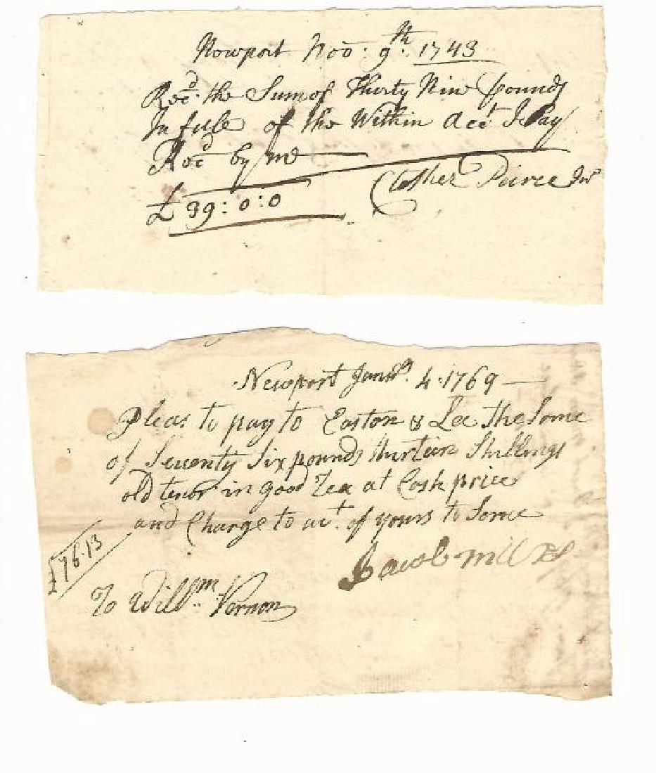 Two Colonial Receipts 1743 and 1769 Newport (1 of 2)