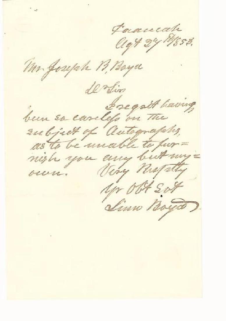 ANS by Linn Boyd (1800-1859) of Kentucky: ANS by Linn Boyd (1800-1859) of Kentucky who served as Speaker of the House of Representatives. Dated 1853 , Fine, measures 4.75 x 7.5”. Please note that this lot has a confidential reserve. When yo