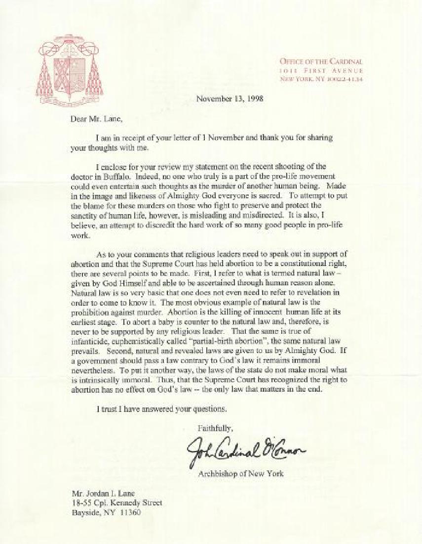 Note by NY Archbishop Cardinal John O'Connor 1920-2000 (1 of 1)