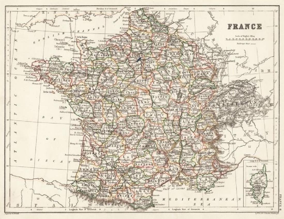 Johnston: Map of France, 1878: France. The Cabinet Atlas of the World, by Alexander Keith Johnston. This plate: France. Edinburgh, W. & A.K. Johnston, 1878. Sheet size: 9 3/4 x 12 1/4 in. Please note that this lot has a confidentia