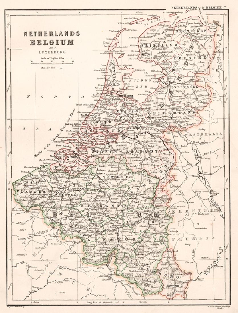 Johnston: Map of the Netherlands Belgium Luxemburg: Map of Netherlands, Belgium and Luxemburg. The Cabinet Atlas of the World. Johnston, Alexander Keith. This plate: Netherlands, Belgium and Luxemburg. Edinburgh, W. & A.K. Johnston, 1878. Sheet size: 1