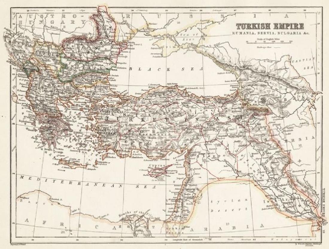 Johnston: Map of Turkish Empire, 1878: Map of the Turkish Empire. The Cabinet Atlas of the World. Johnston, Alexander Keith. This plate: Turkish Empire. Edinburgh, W. & A.K. Johnston, 1878. Sheet size: 9 3/4 x 12 1/4 in. Please note that t