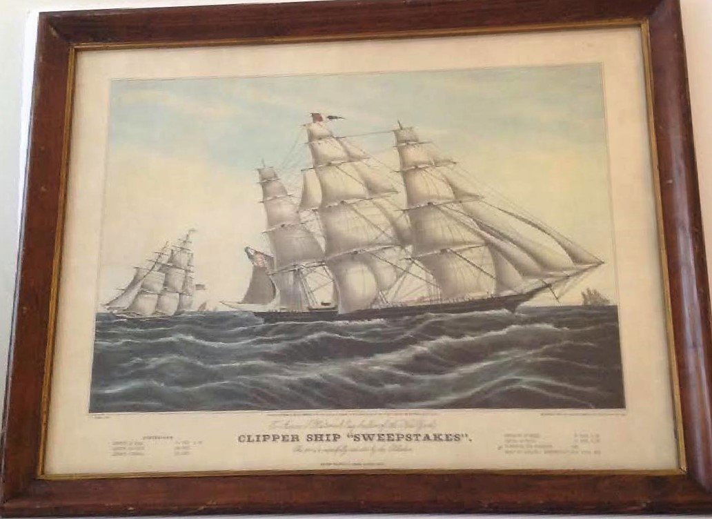 Currier & Ives: Clipper Ship “Sweetstakes”: Currier & Ives collection of Roy King color lithograph - Clipper Ship “Sweetstakes” sail boat with dimensions. Note: No frame- Frame is for concept only. Measurement: 25” x 21”. Please note th