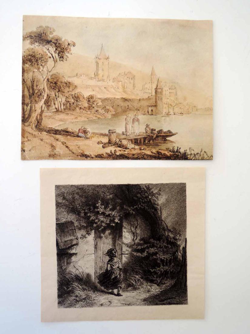 Two 19th Century Watercolor/Drawing: Domestic: Free Shipping 1-19th Century Dutch Master Stormy Night Pen and Ink drawing on wove paper. Size 6 x 6 3/8 in. 2--Early 19th Century English School. River Scene with a distant Town Watercolor 