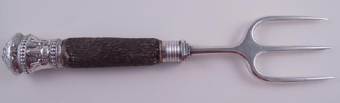 Harrison Bros Sterling Antler Ram Serving Fork, 1894: Harrison Bros Sterling & Antler Ram Figural Serving Fork 1894 England Sheffield. Piece is in excellent estate fresh condition has never been monogrammed. Piece measures 8 1/2" in length, hallmarked as