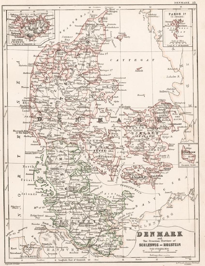 Johnston: Map of Denmark. 1878: Johnston, Alexander Keith. The Cabinet Atlas of the World. Map of Denmark. Edinburgh, W. & A.K. Johnston, 1878. Sheet size: 12 1/4 x 9 3/4 in. Please note that this lot has a confidential reserve. Whe