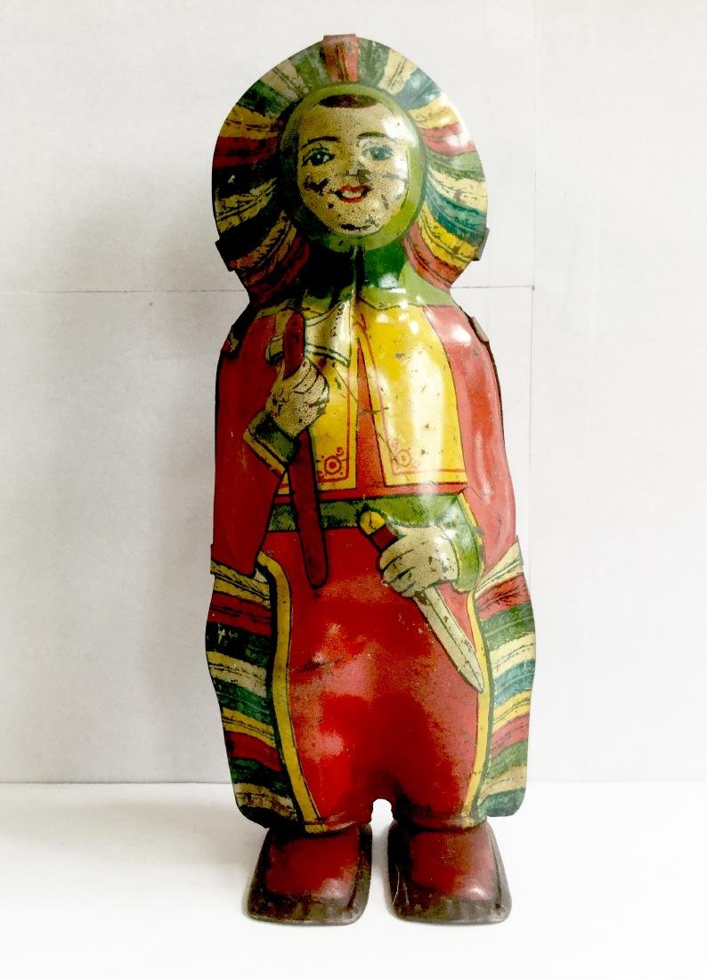 Indian Maiden Wind Up Toy: Indian Maiden Wind Up Toy. Tin Litho, Works with Built in Key, Made by J. Chein & Co. although it is not marked U.S.A., 1940's. 5 1/4" tall x 2 1/8" wide x 2 1/4" Please note that this lot has a confi