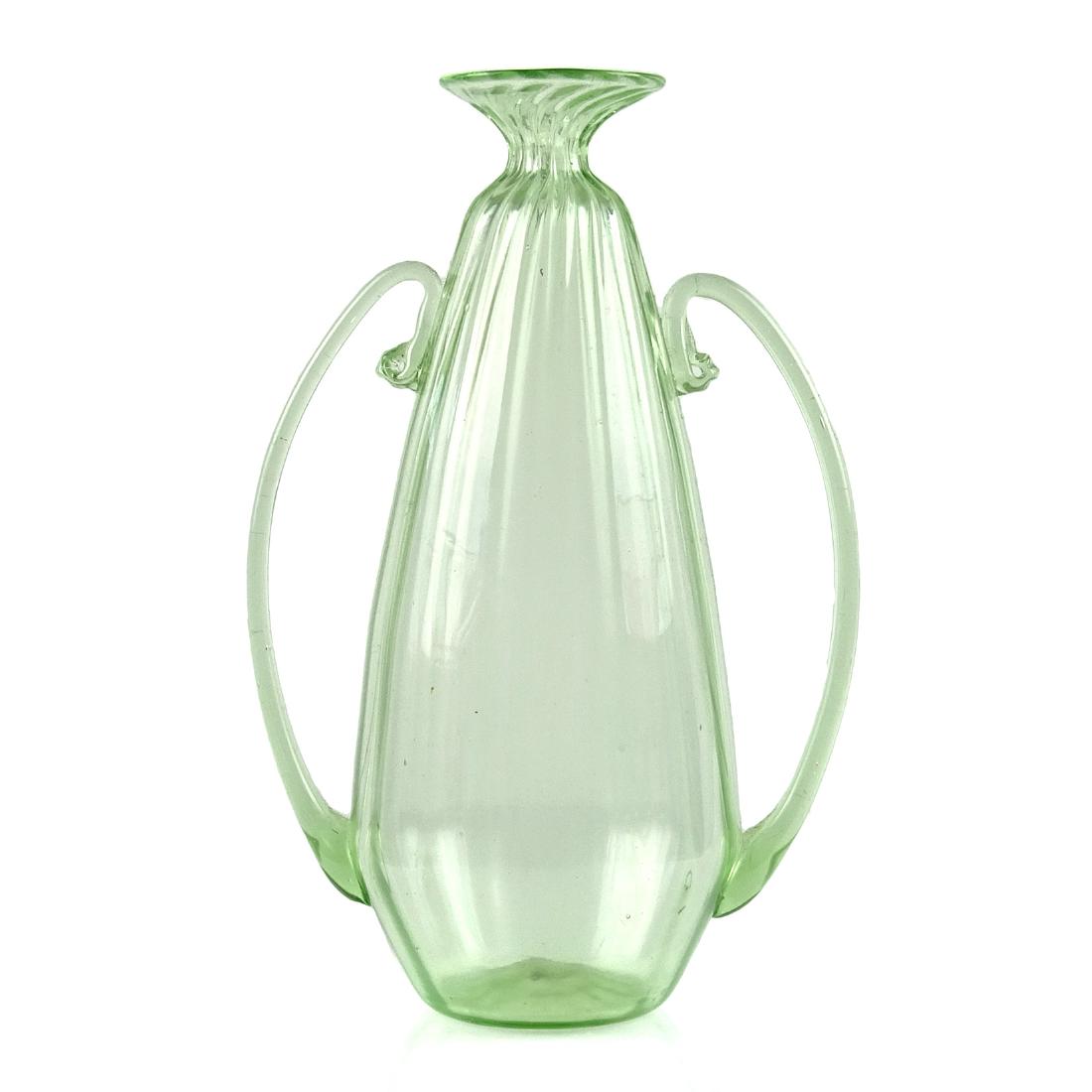 Murano Antique Soffiati Green Art Glass Vase: Antique Murano hand blown light green Italian art glass vase. Created in the Soffiati style, circa early 1900s. Measures 7 3/4" tall. Please note that this lot has a confidential reserve. When you lea