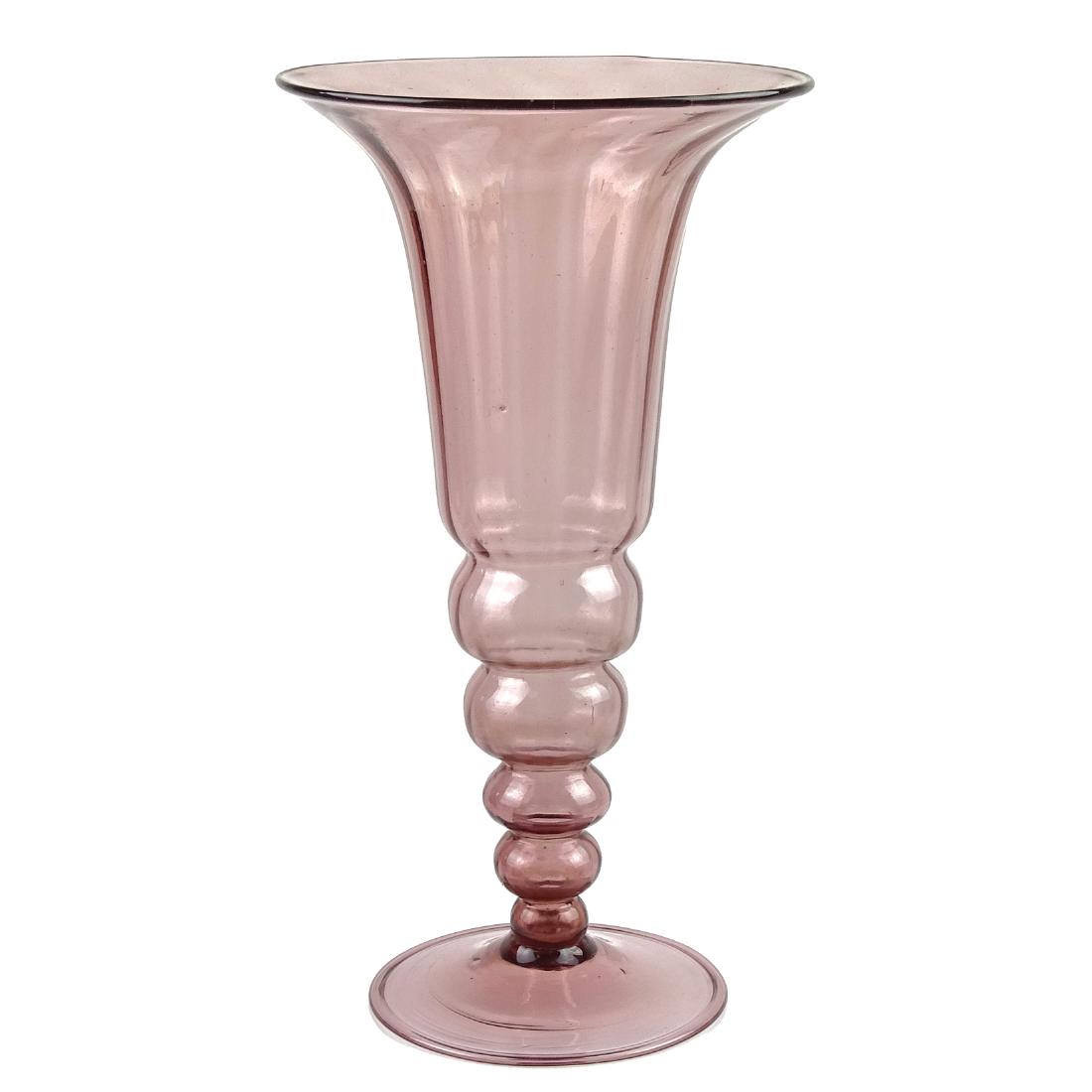 Murano Antique Soffiati Purple Art Glass Vase: Antique and very large Murano hand blown purple Italian art glass footed vase. Created in the Soffiati style, in the manner of Napoleone Martinuzzi / Vittorio Zecchin, early 1900s. Measures 12 3/4" ta