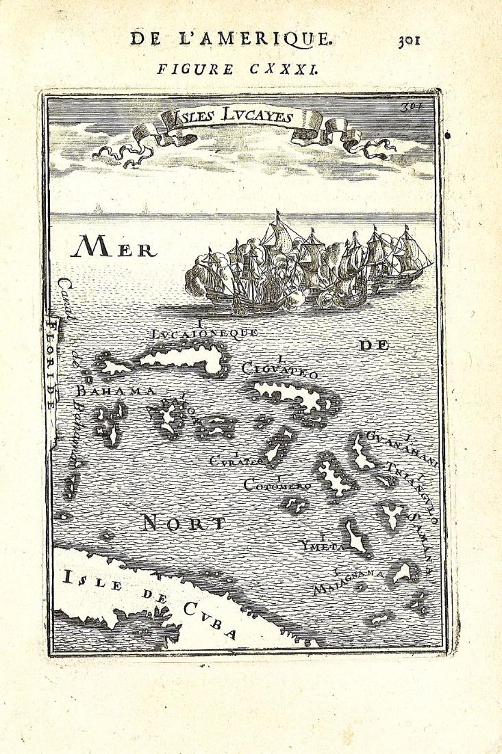 Isles Lucayes Map, Mallet, 1683: Isles Lucayes Map. A charming map of the Bahama Islands with part of central Cuba and a sea battle in progress near the islands, from Mallet's Description de l'Univers. Cartographer: Mallet. Place & D