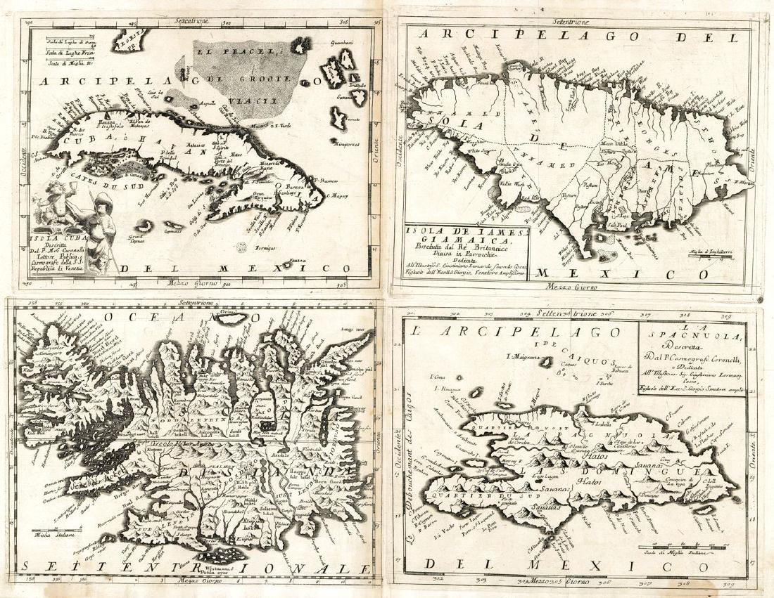 Caribbean Islands Map, 1696: Isola Cuba/Isola de Iames, ó Giamaica/Isola d'Islanda/La Spagnuola Descritta. Three important maps of Caribbean islands—Cuba, Jamaica, and Hispaniola—plus a major map of Iceland, by the leading I